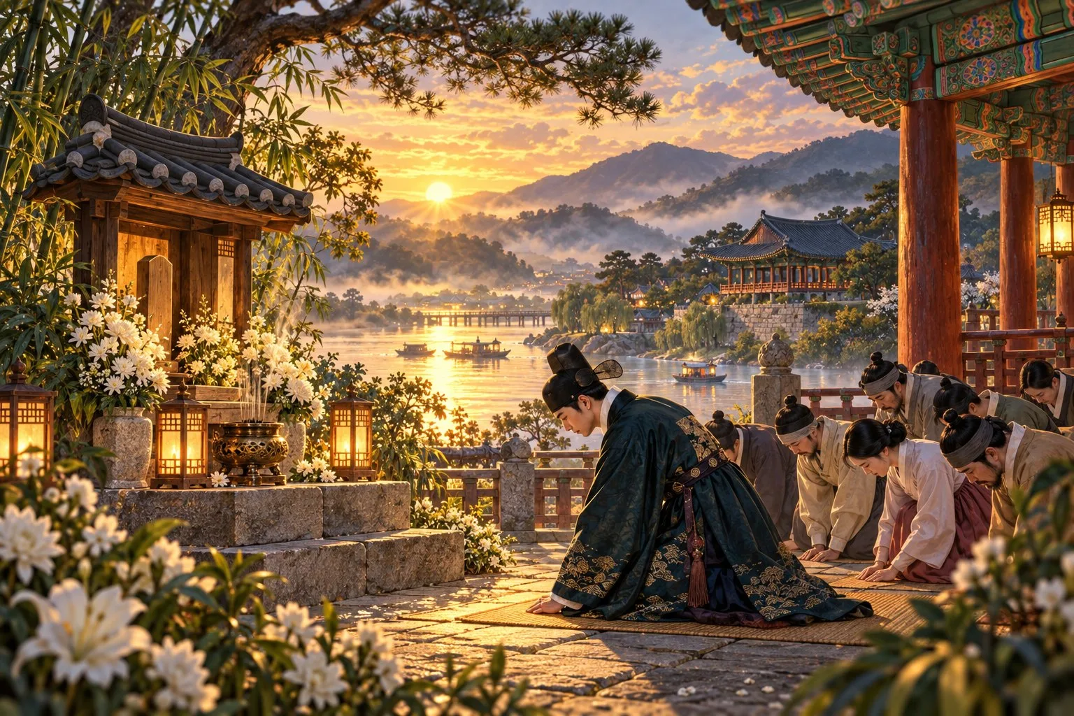 A magistrate and townspeople bow before a small shrine with white lilies above the river at sunrise