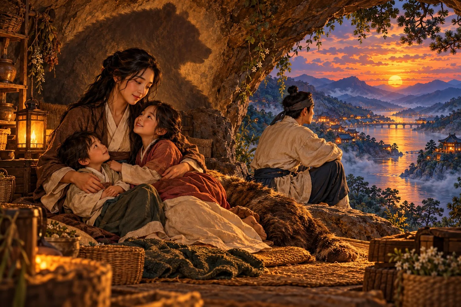 In the cave, the bear woman holds her two children close while the young man sits at the entrance looking toward the distant river