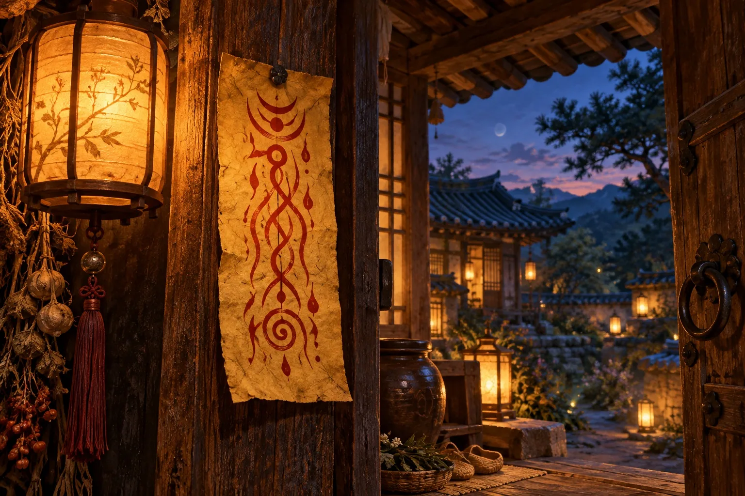 A yellow and red talisman pinned above a lantern-lit doorway.