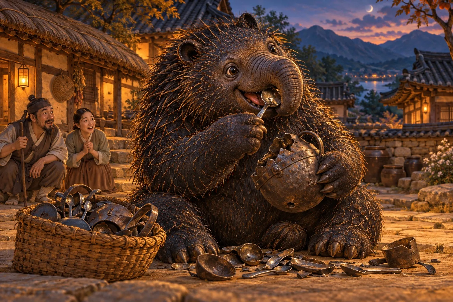 The bulgasari munching an iron pot in a village street.