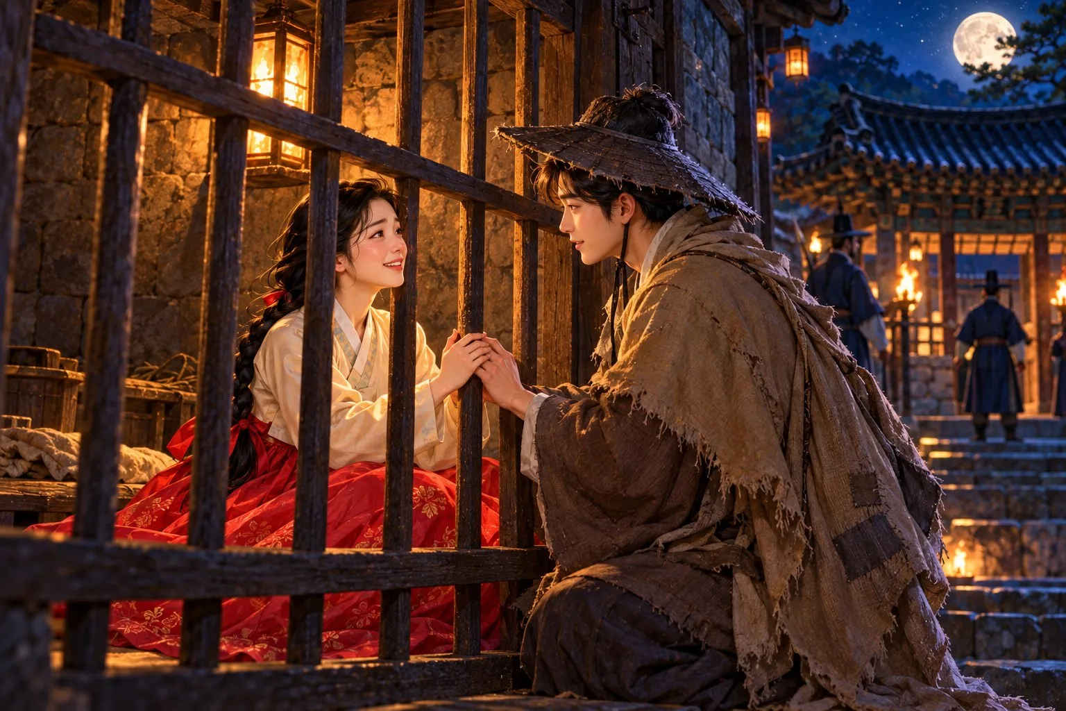 Chunhyang behind prison bars smiles at Mong-ryong, who kneels outside in a ragged beggar's cloak
