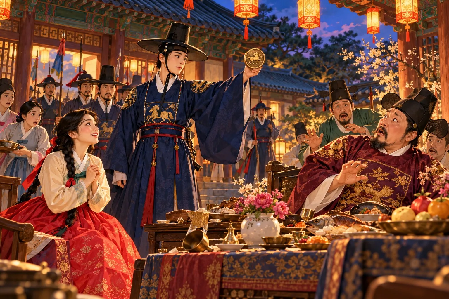 At the magistrate's feast, Mong-ryong in official robes holds up the royal inspector's badge while the magistrate recoils and Chunhyang looks up