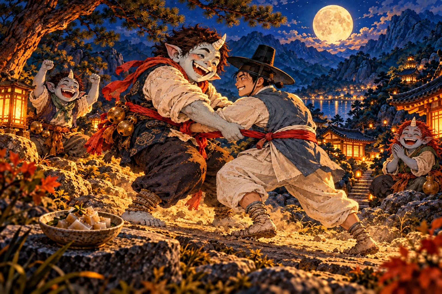 Grinning dokkaebi wrestle a traveller on a moonlit mountain path.