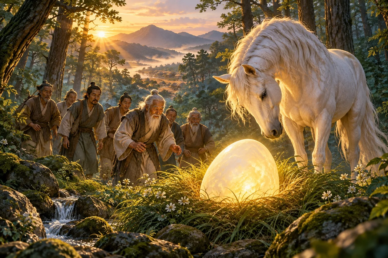 A glowing purple egg rests in a forest clearing beside a well, a white horse bowing before it, while villagers approach in awe.