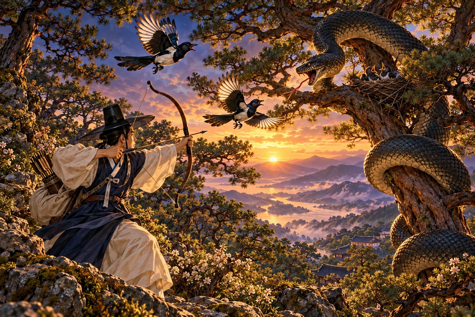 A scholar draws his bow at a huge snake coiled around a pine tree as two magpies flutter above their nest