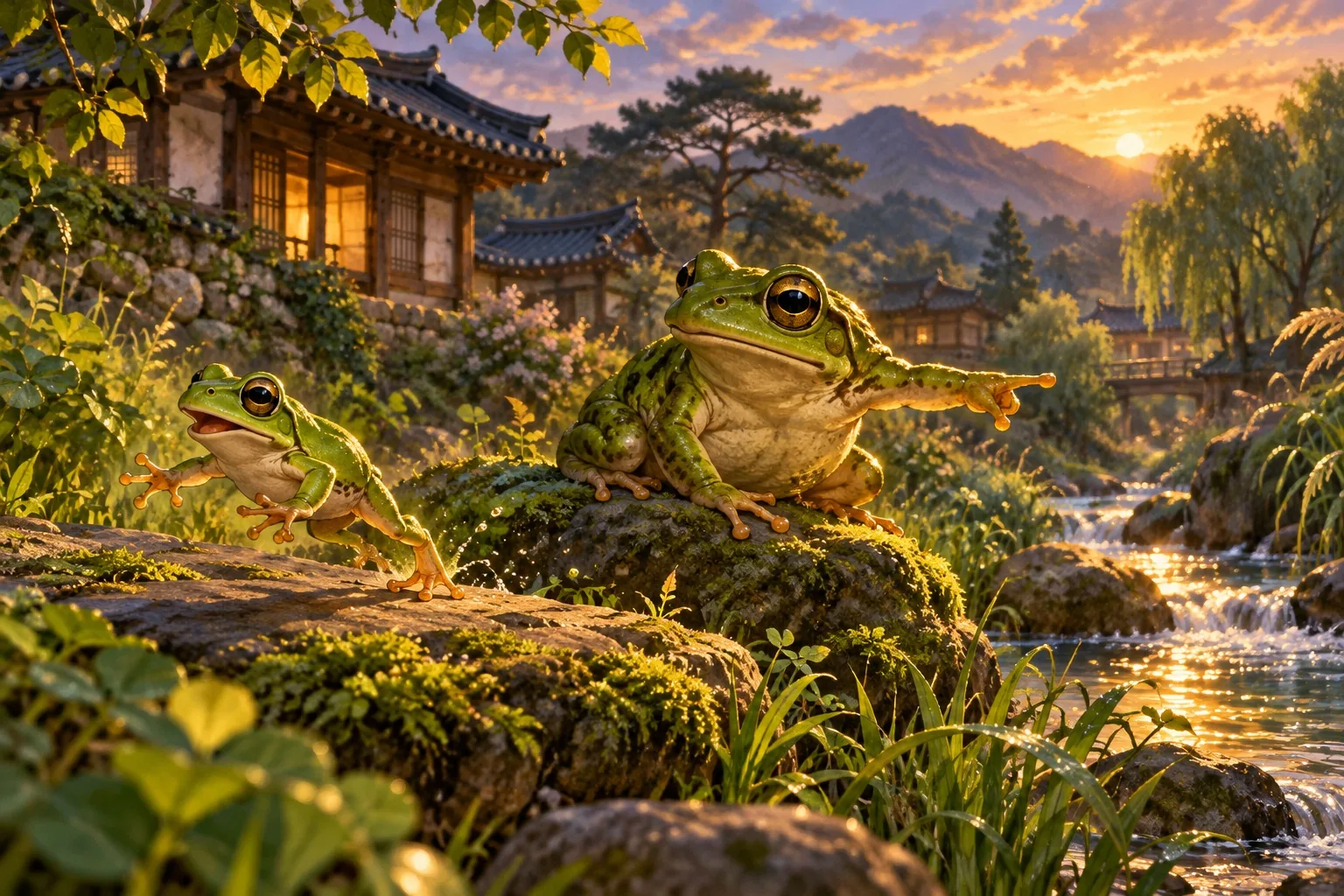A small green tree frog points cheekily in the wrong direction while his larger mother watches from a mossy rock beside a stream at sunset.