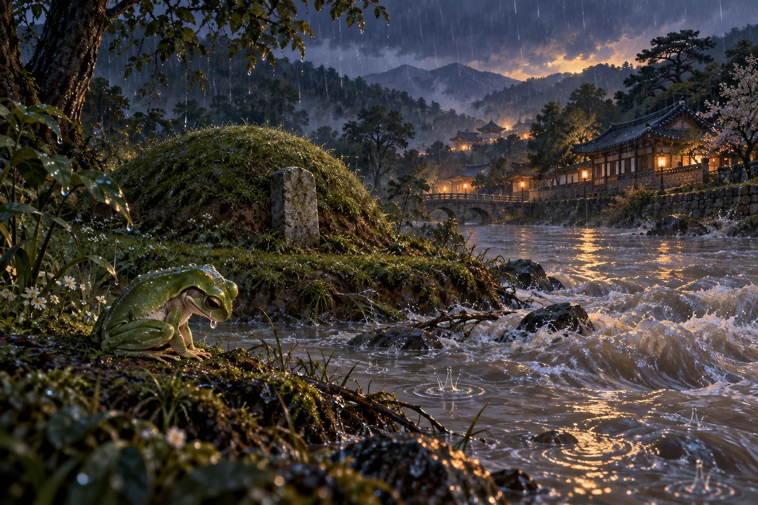 In heavy rain, a small green frog sits beside a little grave mound on the bank of a swollen, rushing stream.