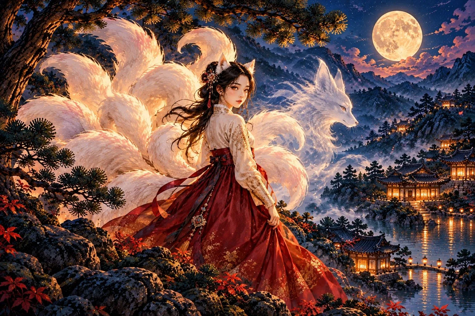 A nine-tailed fox spirit in the form of a young woman in a red hanbok at the edge of a moonlit forest.