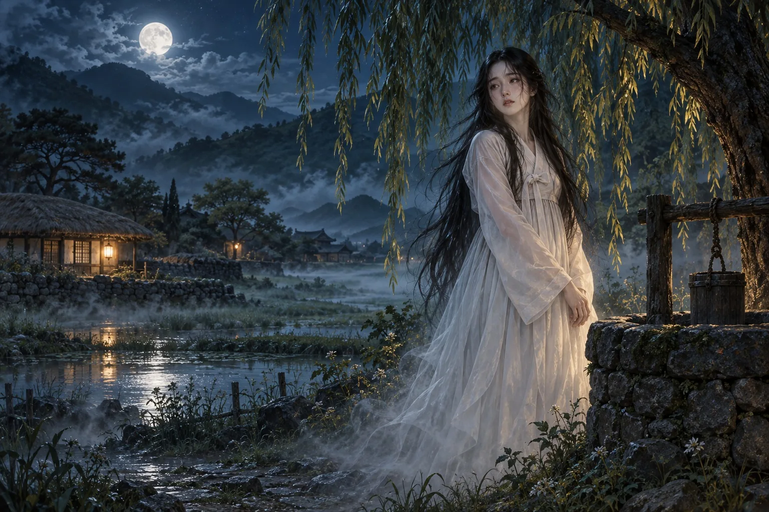 A maiden ghost in white beneath a willow beside a moonlit well.