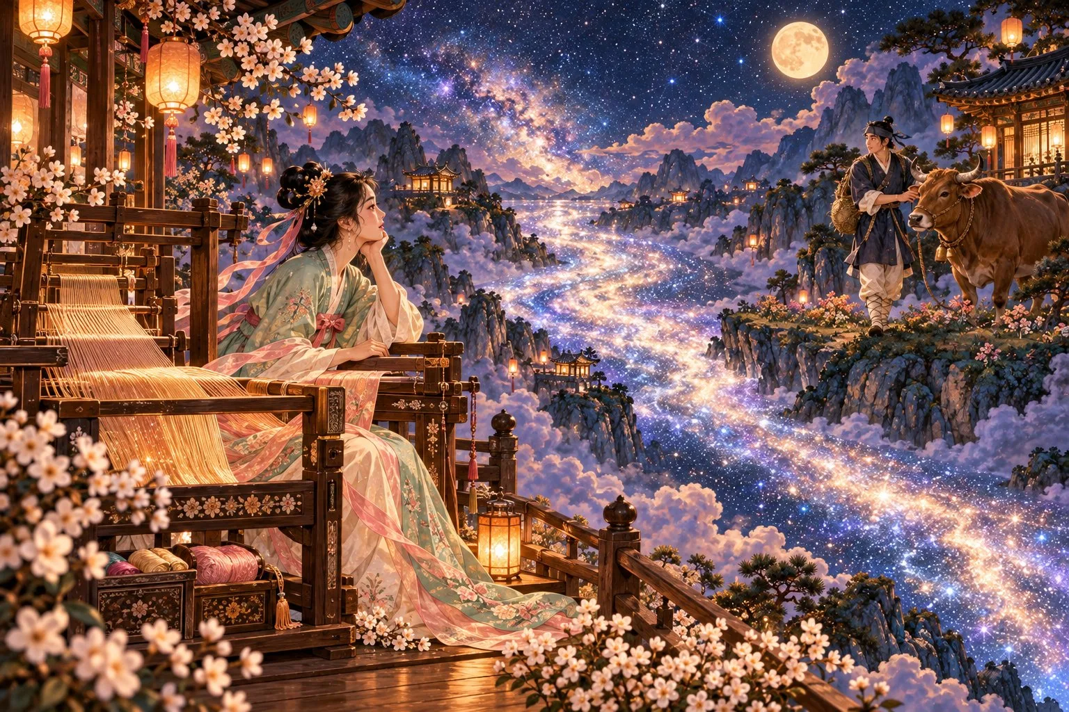 Jiknyeo sits at her loom gazing across the glittering River of Stars toward Gyeonu, who tends his ox on the far bank