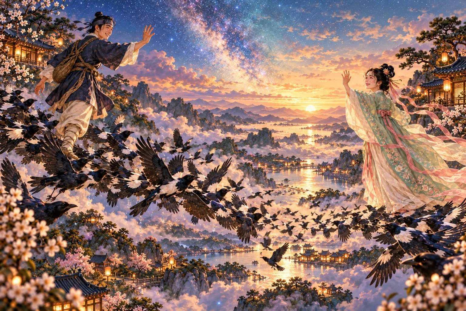 The herdsman and the weaver reach toward each other as dawn breaks and the crows and magpies fly apart