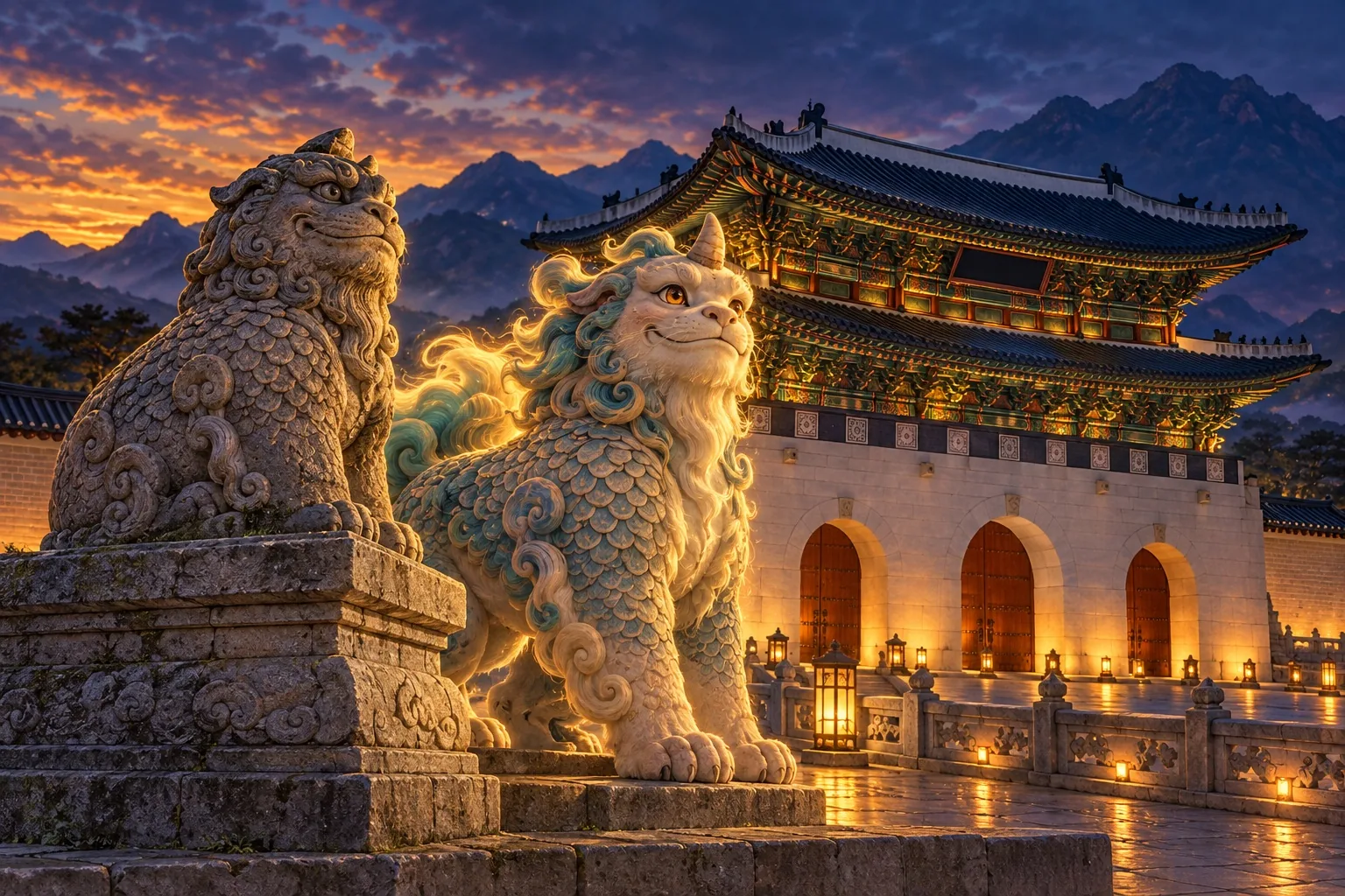 Stone and living haetae guardians in front of Gyeongbokgung Palace at dusk.