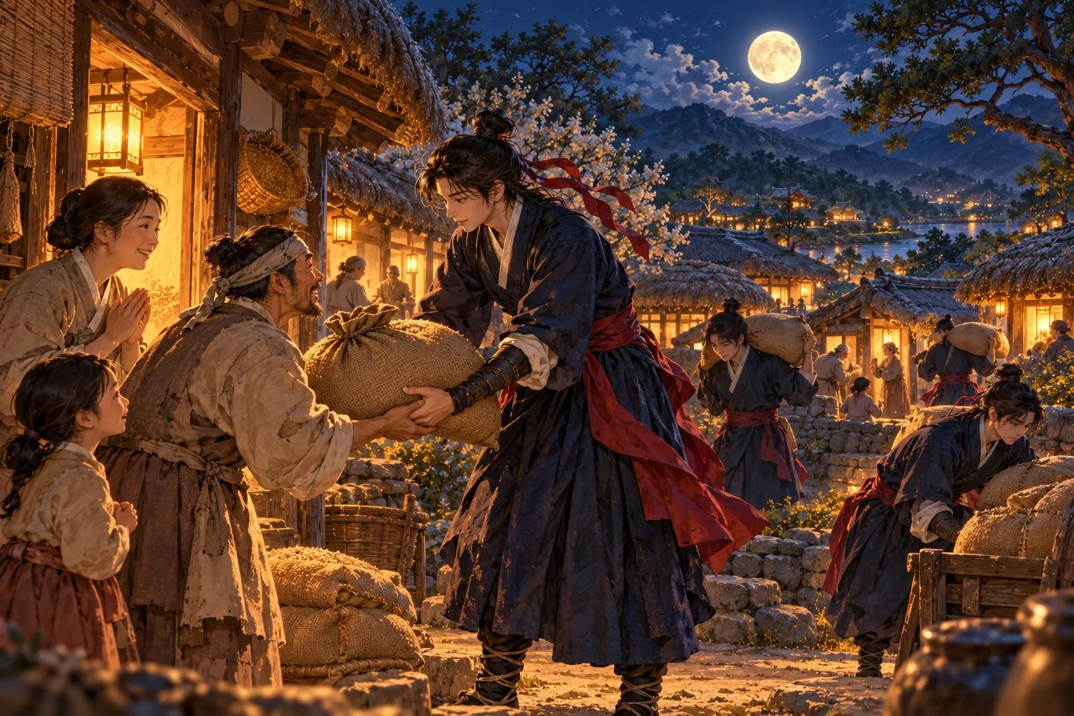 Hong Gildong in a dark coat and red sash hands a heavy sack of grain to a grateful poor family at night