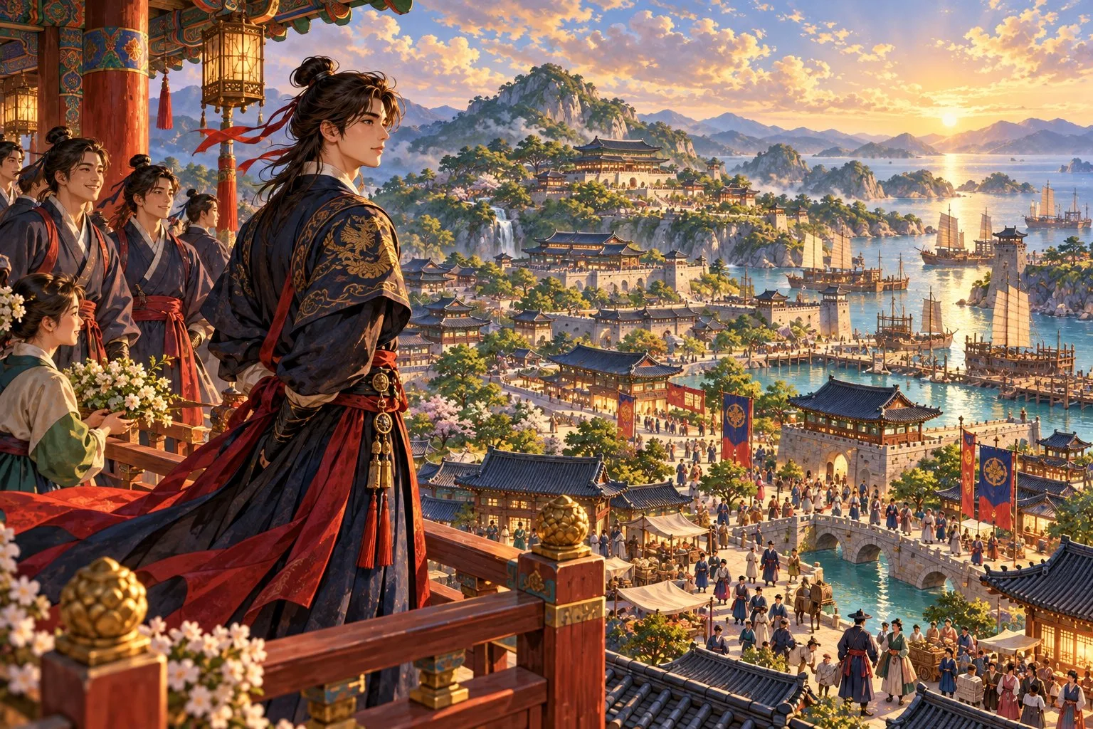 Hong Gildong stands on a balcony looking out over a bright island city and harbour full of ships