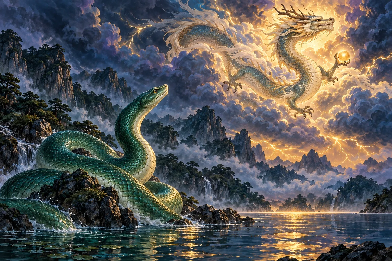 An imugi serpent in a mountain lake watches a dragon rise through storm clouds.