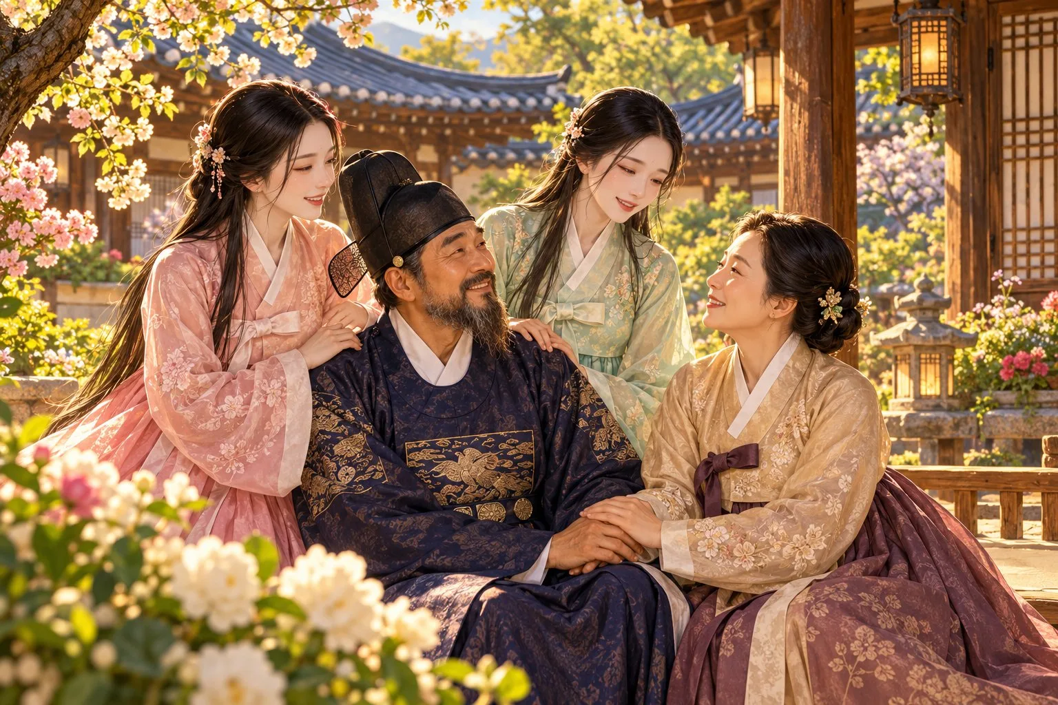 Two smiling sisters in pink and green hanbok sit with their father and a kind stepmother in a spring courtyard