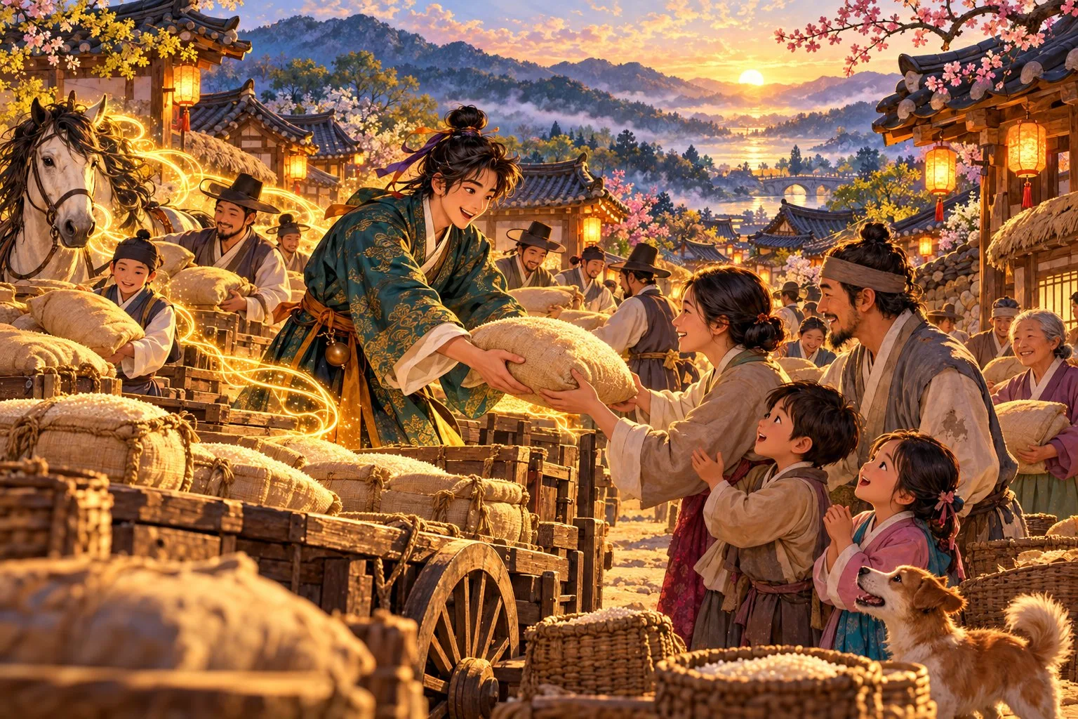 Jeon Woochi hands sacks of rice from a loaded cart to a grateful family as villagers gather round