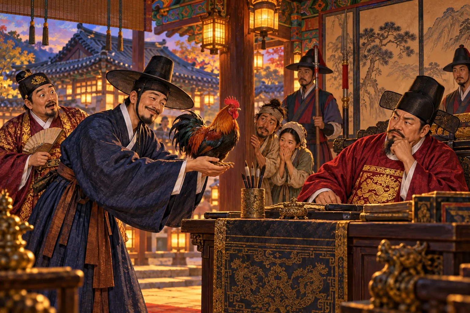 Kim Seondal bows and presents a rooster to a frowning magistrate at his desk while officials look on