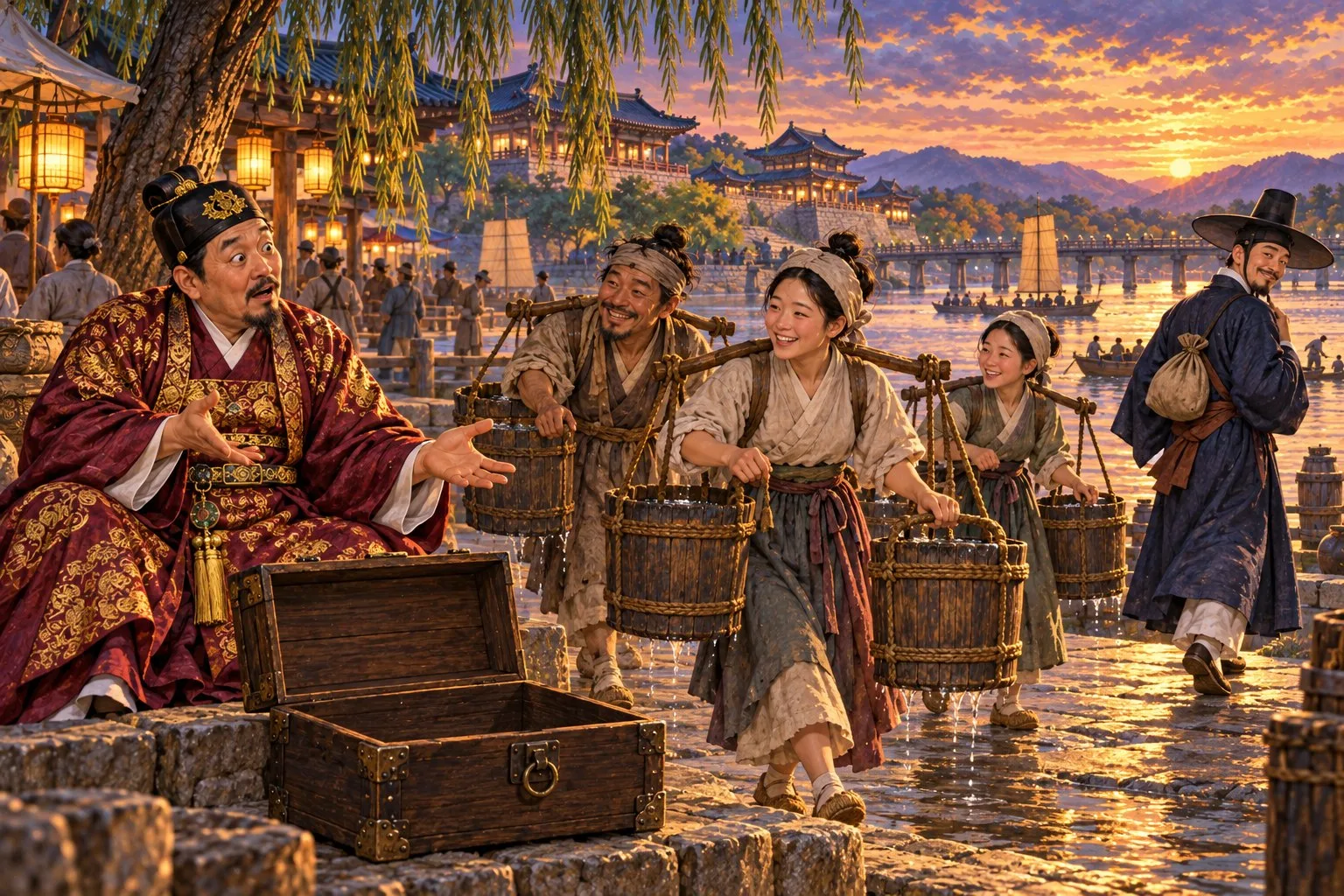 A merchant sits stunned beside an empty money box as water carriers stroll past laughing and Kim Seondal walks away