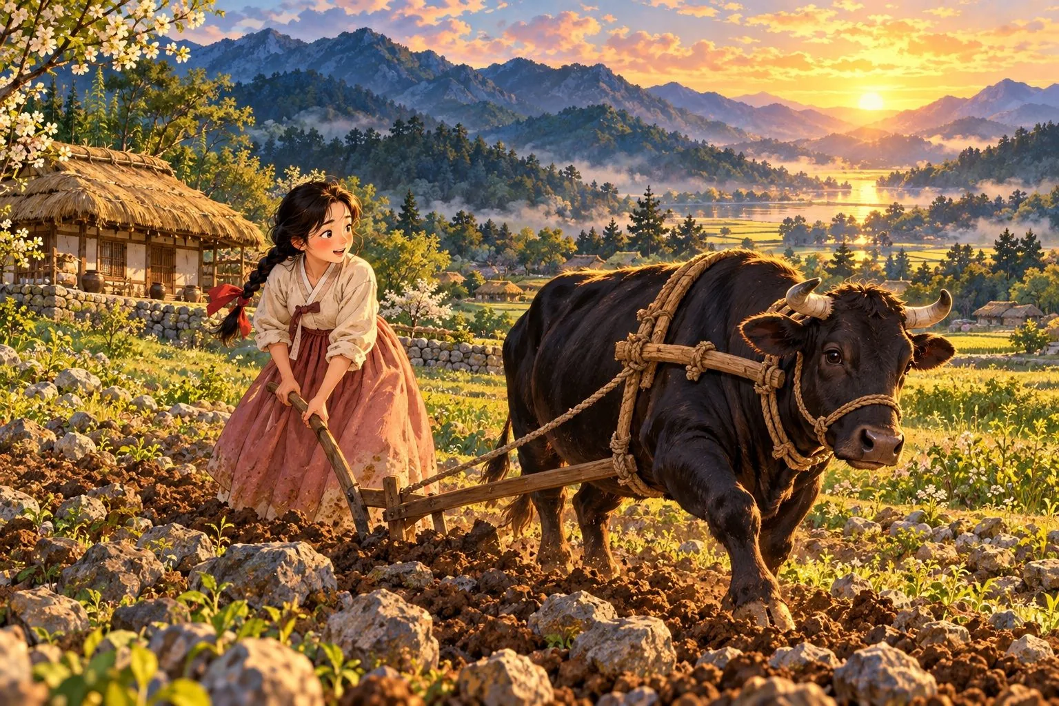 Kongjwi works the stony hillside field beside a great black cow at sunset.