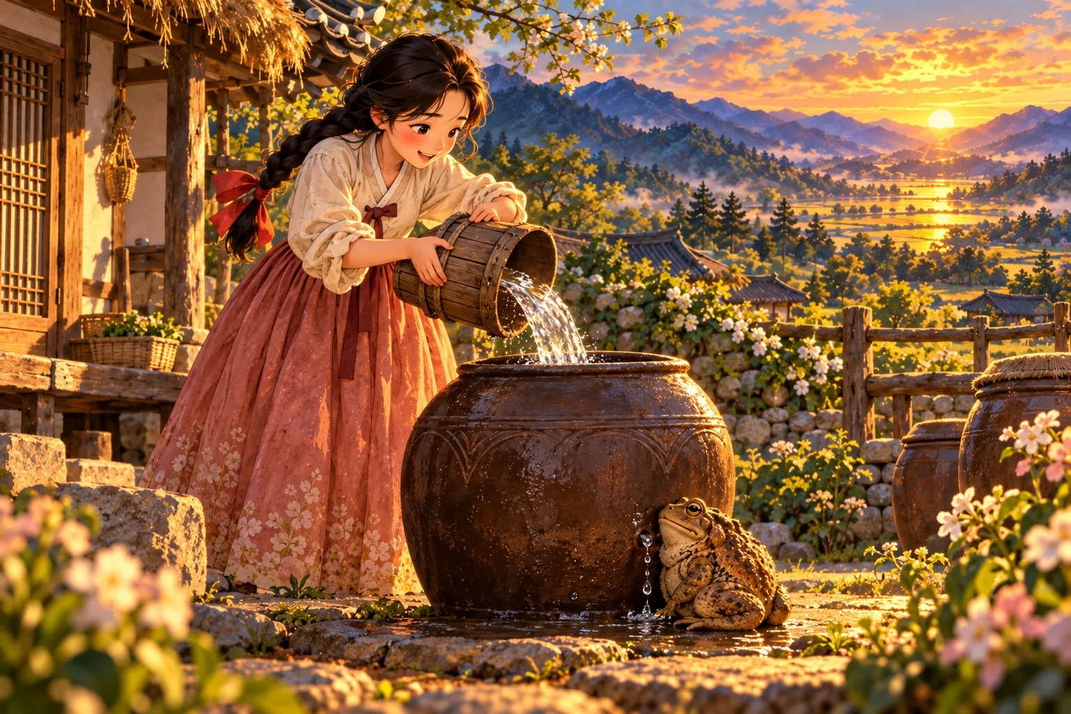 Kongjwi pours a bucket of water into a large earthenware jar in the yard while a toad sits underneath, plugging the hole in its base.