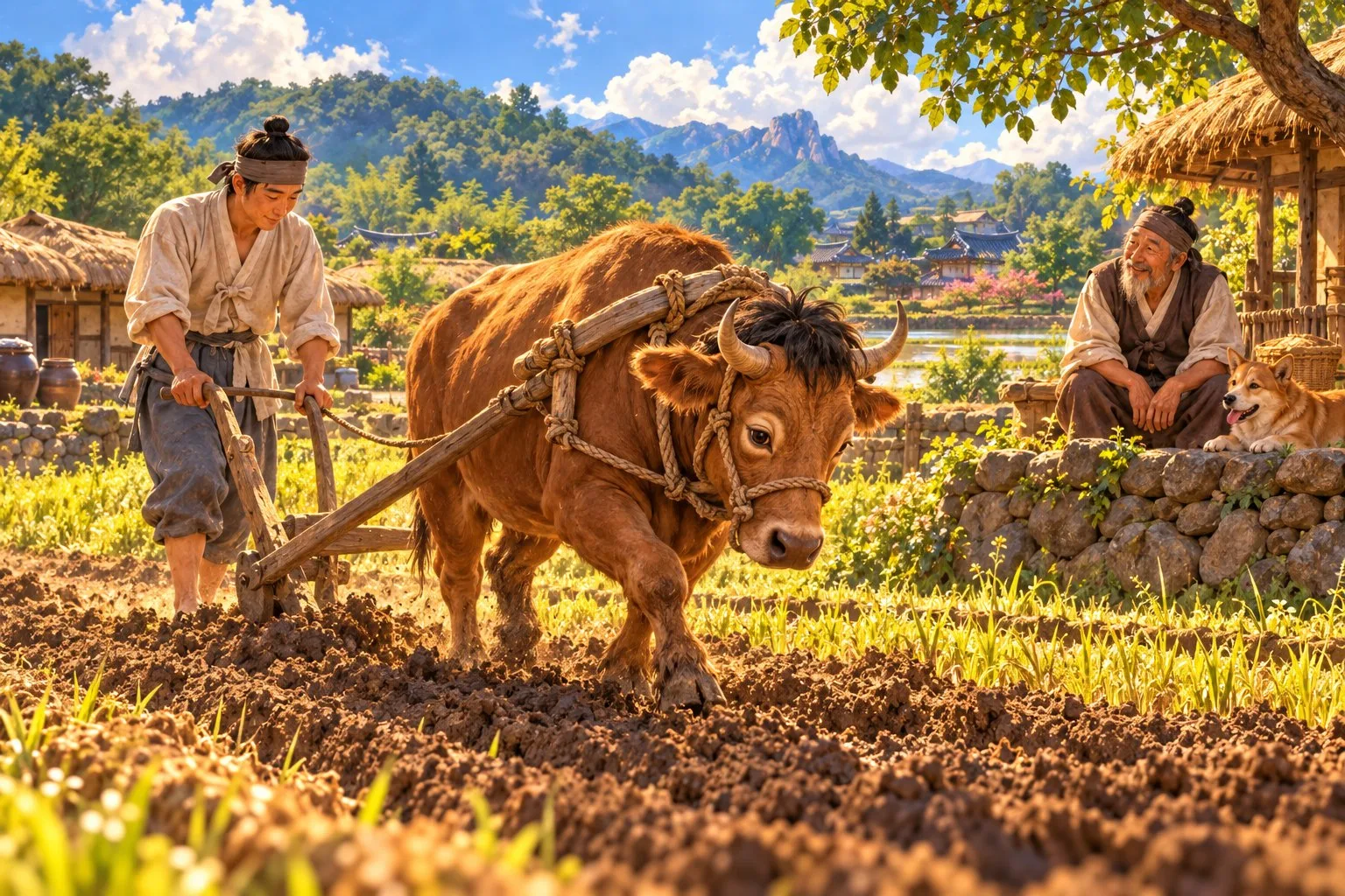 A farmer guides a plough behind a weary brown ox in a field while an old man watches from a stone wall