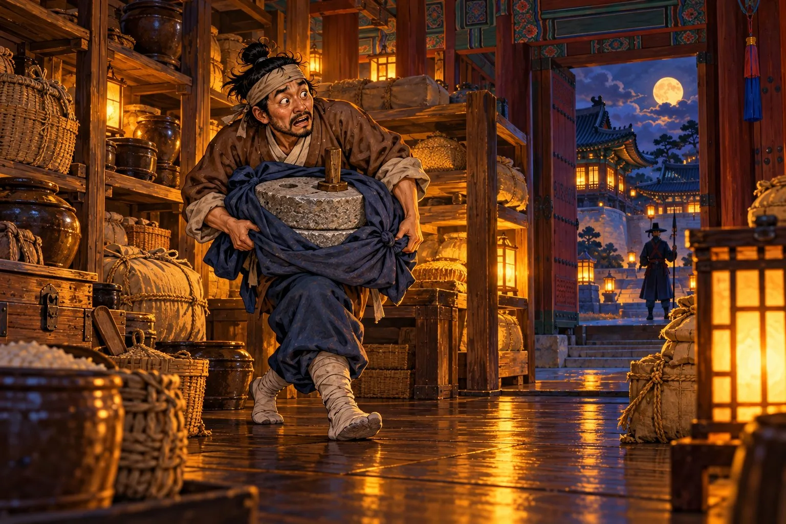 A thief carries the magic millstone wrapped in cloth out of a lantern-lit palace storeroom by night