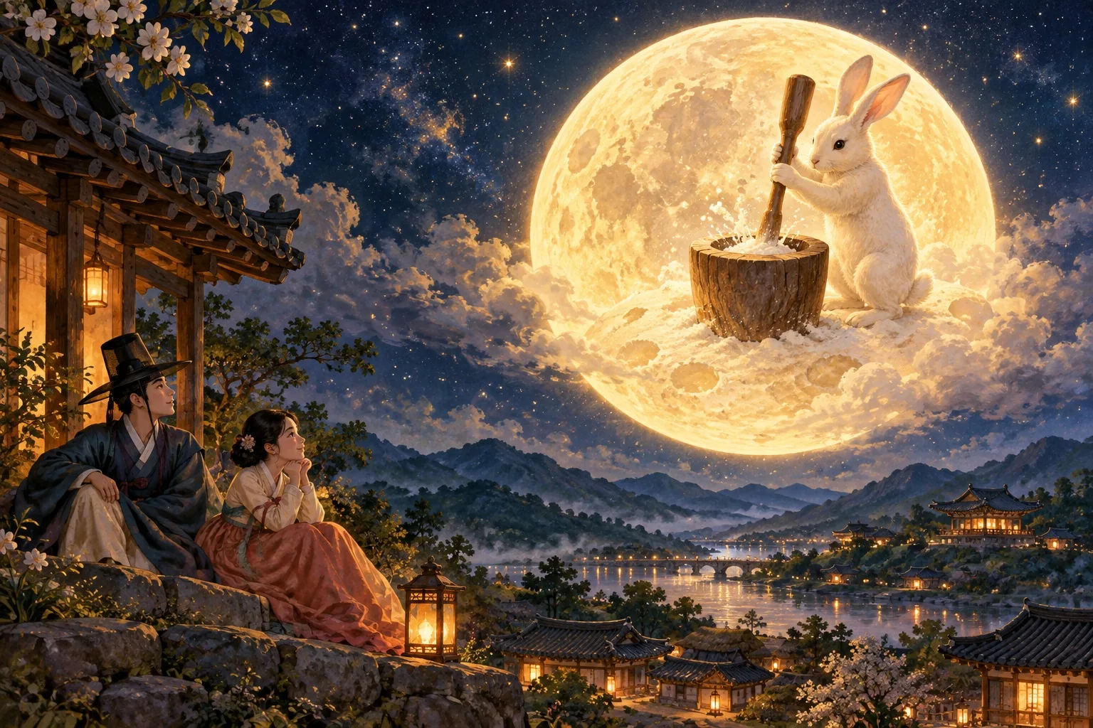 A rabbit pounding rice cakes on the full moon above a Korean village.