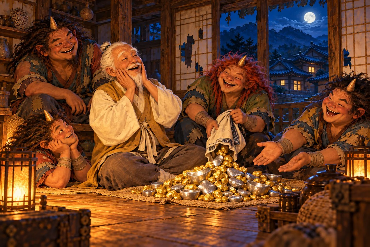 A laughing old man with a smooth cheek sits among delighted dokkaebi beside a heap of gold and silver