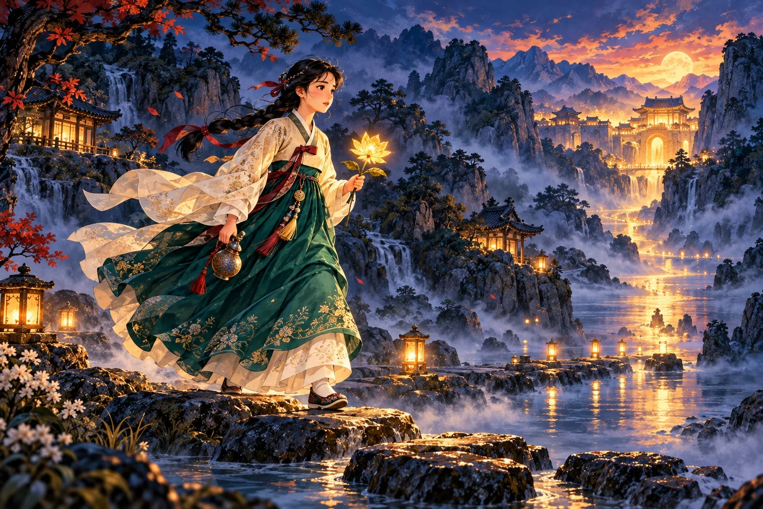 Princess Bari crossing a misty river into the underworld with a flower and a flask.