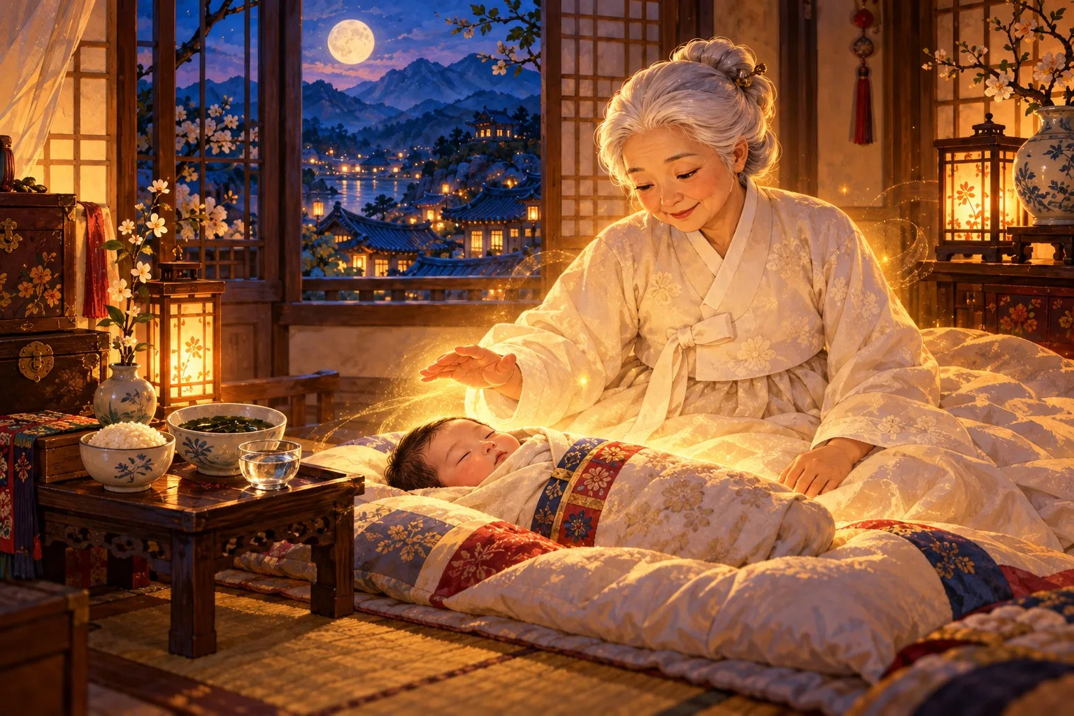 Samsin Halmeoni blessing a sleeping newborn.