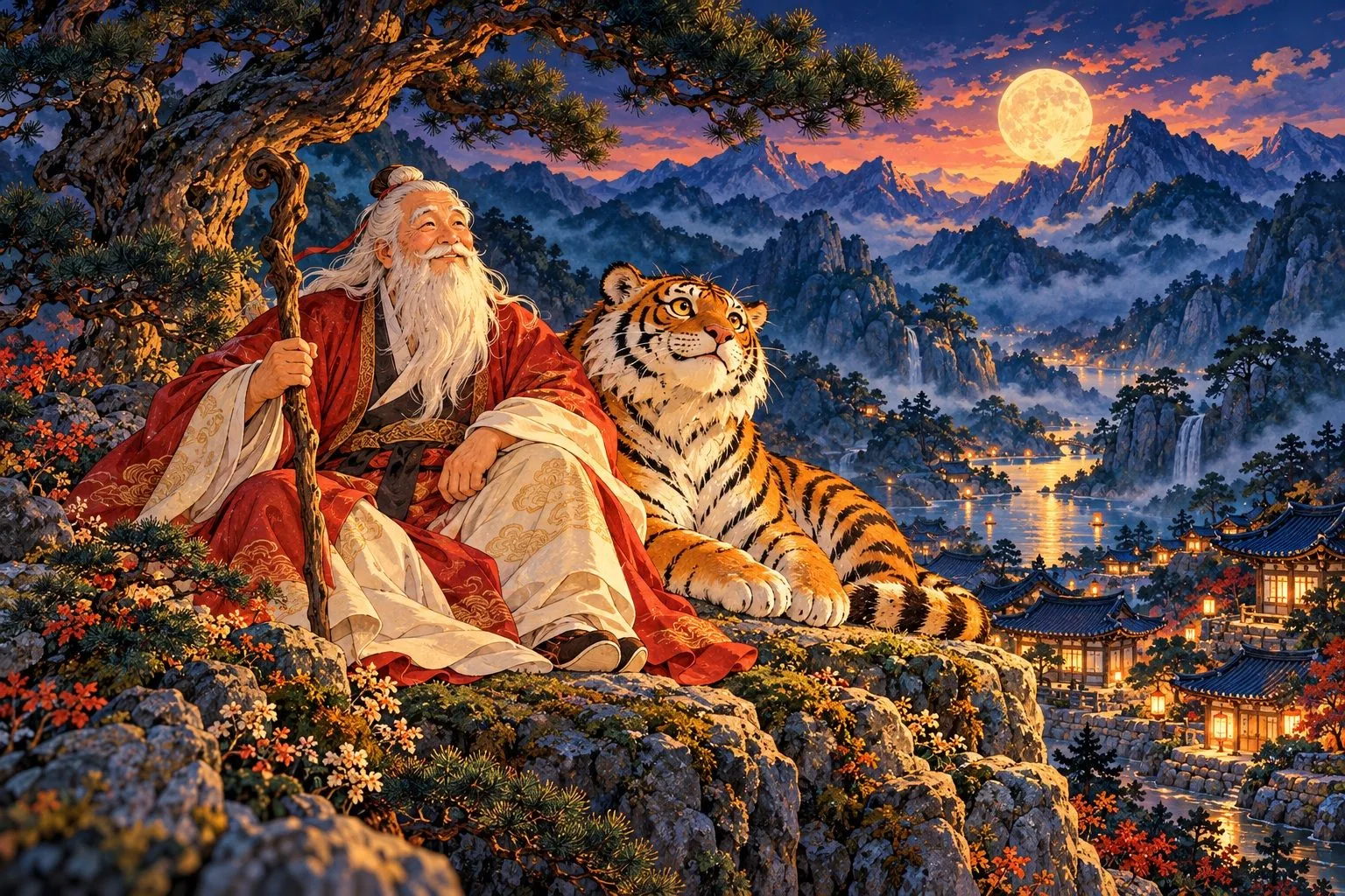 The mountain god seated under a pine with his tiger.
