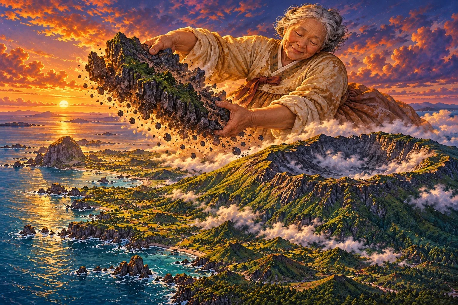 Giant Seolmundae Halmang lifts the broken peak of Hallasan in her hands above the island, the crater open below