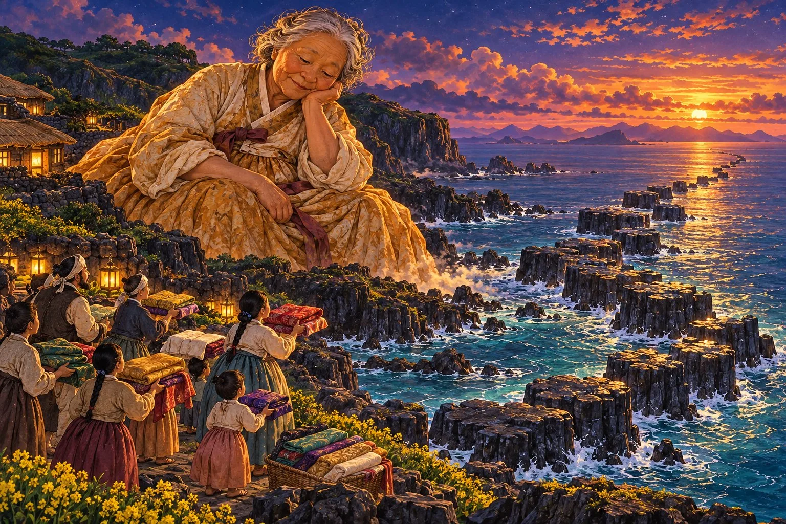 Seolmundae Halmang rests her chin on her hand by the sea as islanders bring folded silk and a line of rocks stops in the water