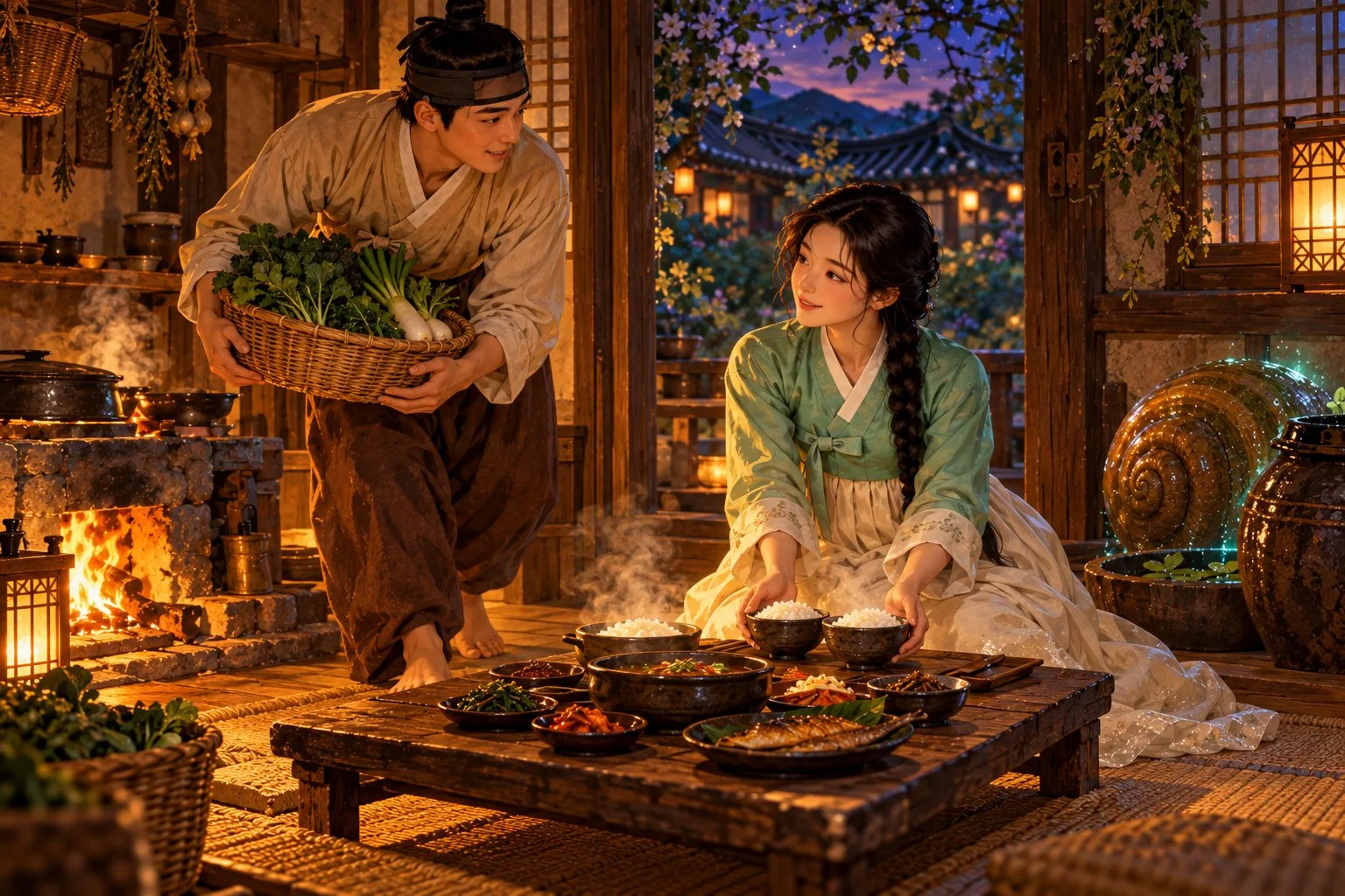A farmer carrying a basket of greens finds a young woman kneeling beside a low table of supper near a glowing snail shell