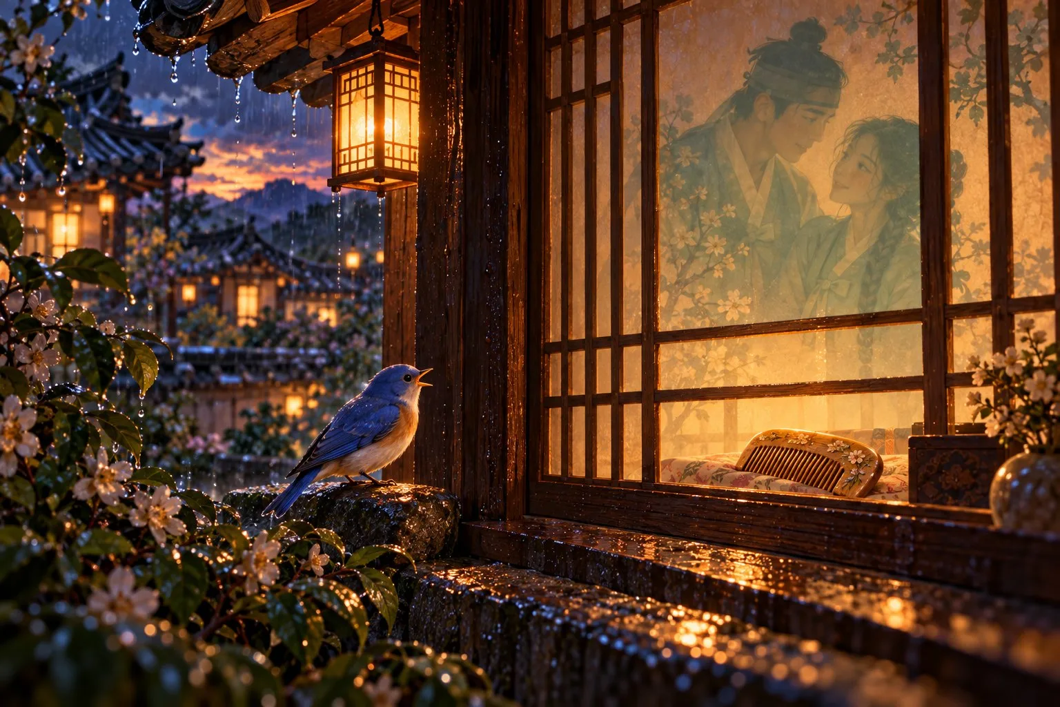 A bluebird perches on a rain-wet window ledge, a faint image of the couple and a wooden comb inside