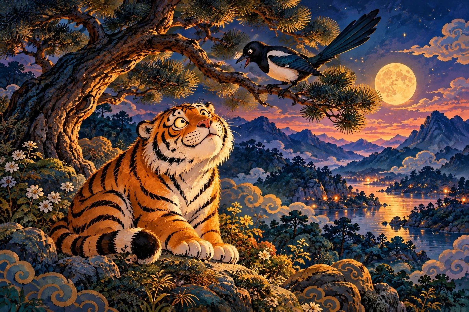 A goofy folk-painting tiger under a pine with a magpie on a branch.