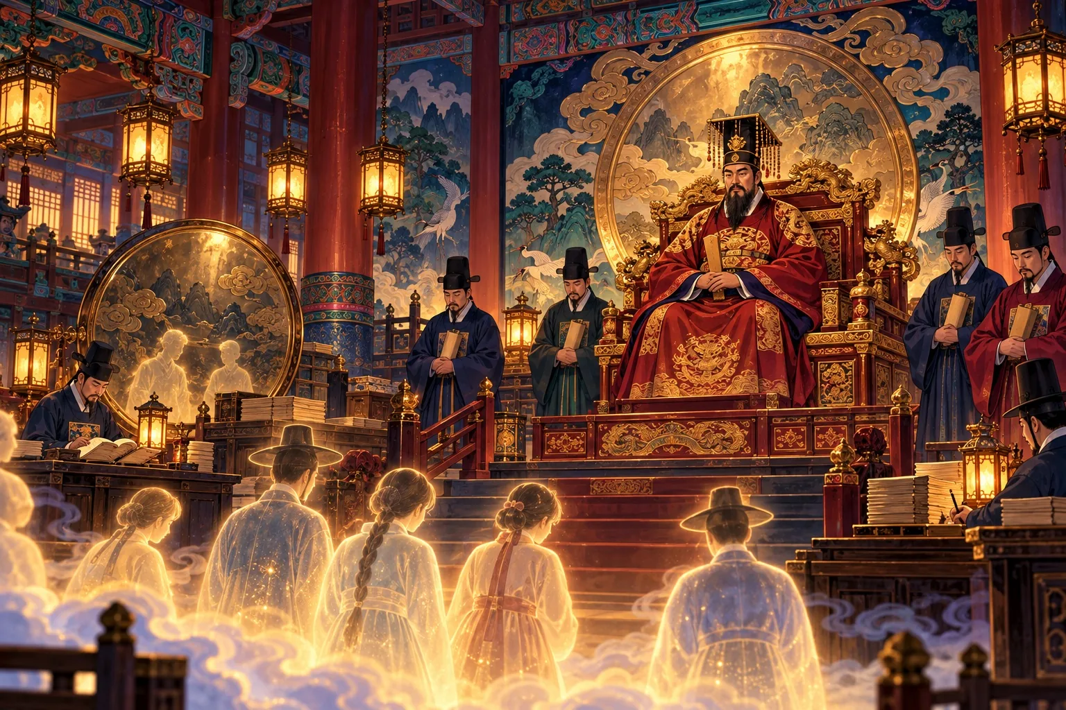 King Yeomra judging souls in a red-and-gold hall.