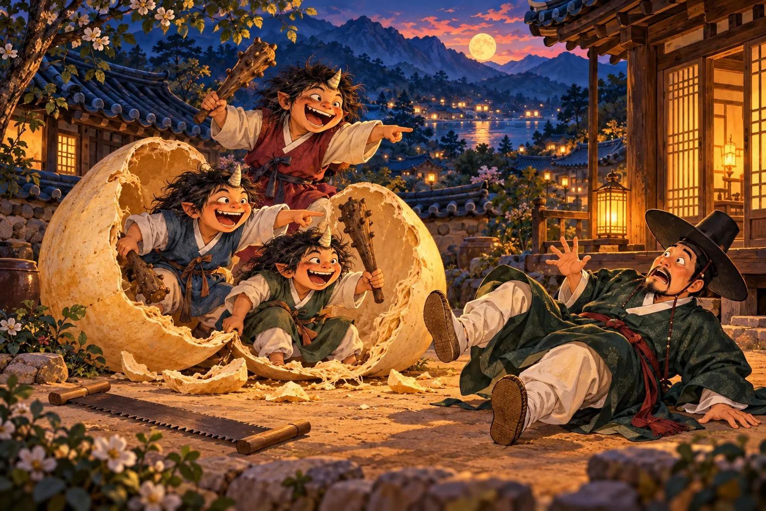 Goblins burst laughing out of a split gourd as Nolbu tumbles over backwards in his fine clothes.