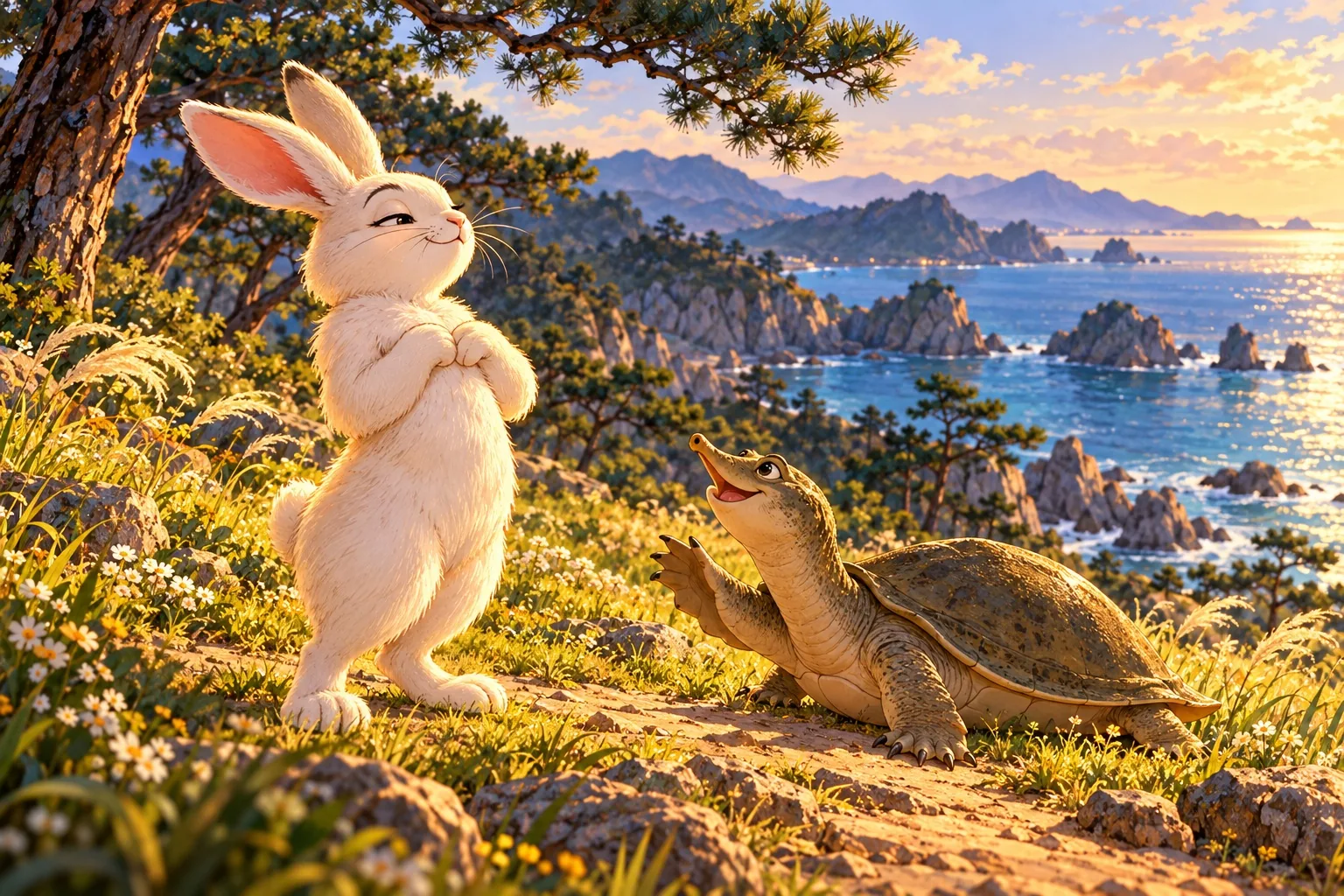 A soft-shelled turtle flatters a pleased white rabbit on a sunny grassy hill above the sea.